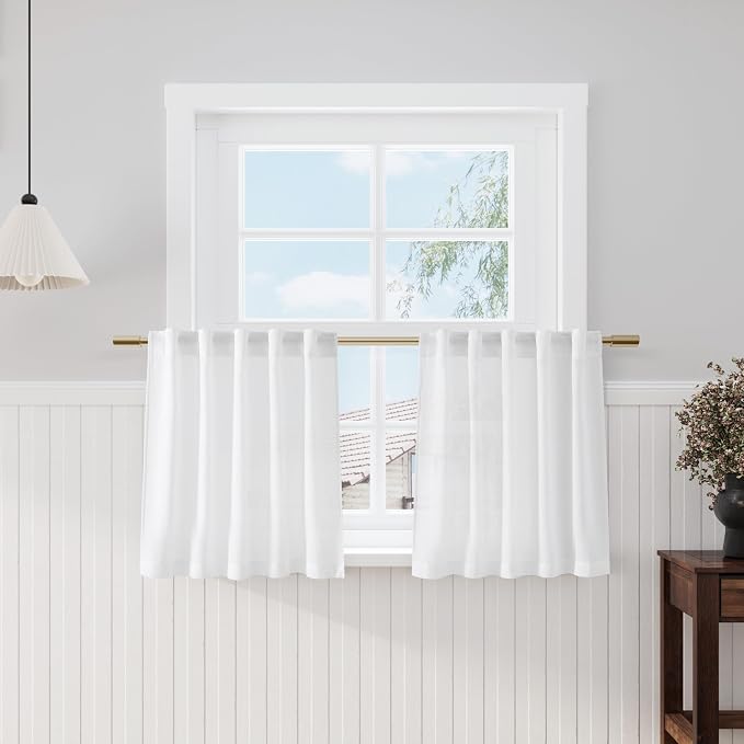 Nanspring 24 Inch White Curtains for Kitchen Windows Over Sink Linen Blend Modern Semi Sheer Mini Curtains for Small Window Back Tab and Rod Pocket for Cafe Bathroom RV, 2 Panels 29 x 24
