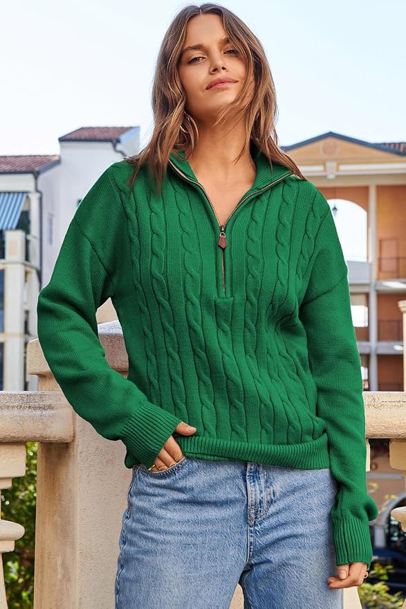 Dokotoo Women's Sweaters 2026 Fall Winter Quarter Zip Ribbed Cable Knit | Long Sleeve,Polo Neck,Lightweight Knit Pullover,Soft Comfy Tops,Casual Trendy Outfits,Fashion Clothing