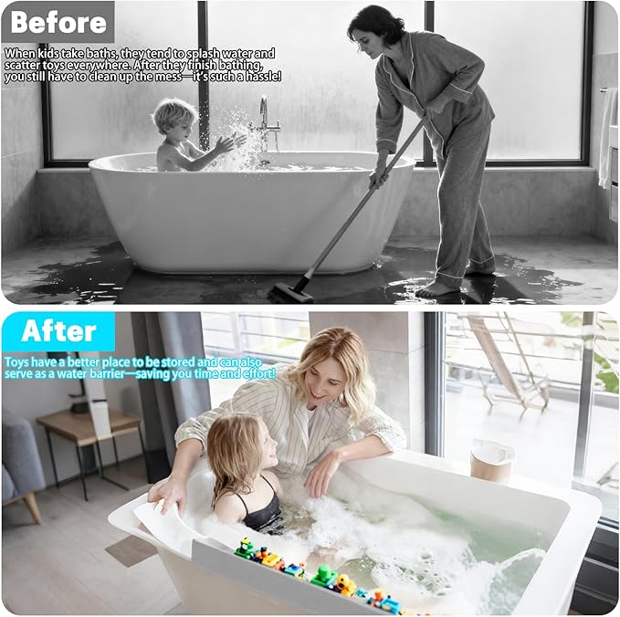 Extra Long White Bathtub Splash Guard Splash Guard Silicone Toy Shelf Holder Prevent Water Spills Kid Bath Tub Accessories (2.6FT, Gray)