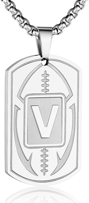 Initial A-Z Dog Tag Necklace for Men - Football Charm Pendant, Stainless Steel Chain 22+2 Inches, Personalized Sports Athletes Jewelry Gift