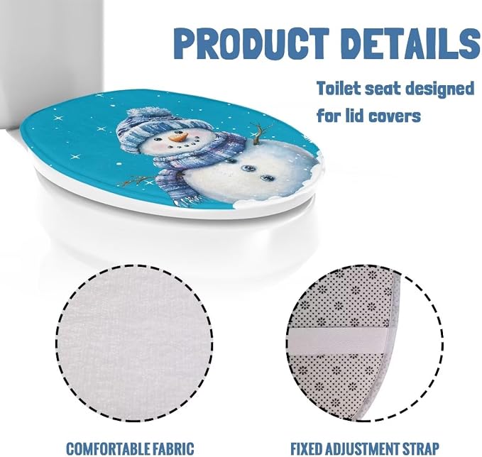 Blue Snowman Toilet Seat Cover,Elastic Edges Toilet Seat Covers for Xmas Bathroom Decoration Accessories,Machine Washable