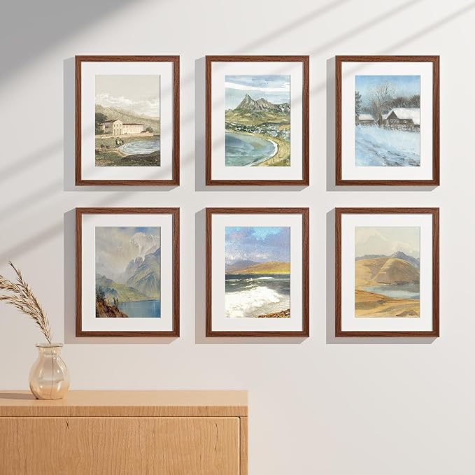 Vittanly 11x14 Picture Frames Set of 9 for Wall Mounting, Wood Grain Brown | Display Pictures 8x10 with Mat or 11x14 without Mat, Engineered Wood with Shatter Resistant Plexiglass, Gallery Photo Frames