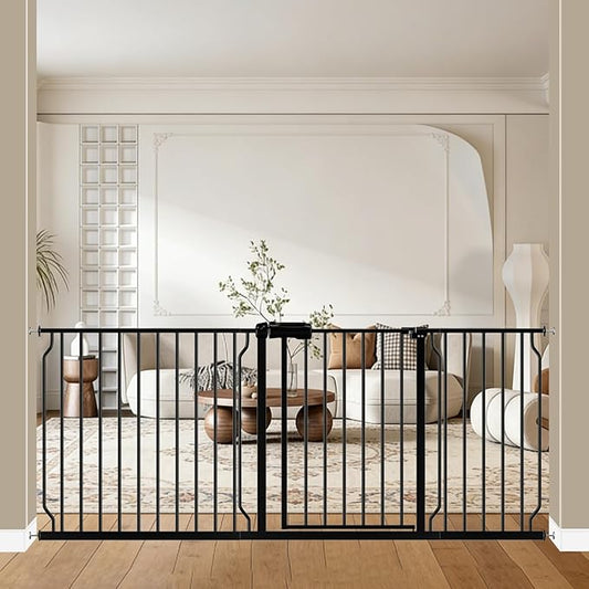 WAOWAO Baby Gate 71.65-76.38" Extra Wide Pressure Mounted Walk Through Swing Auto Close Safety Black Metal Toddler Kids Child Dog Pet Puppy for Stairs,Doorways,Kitchen