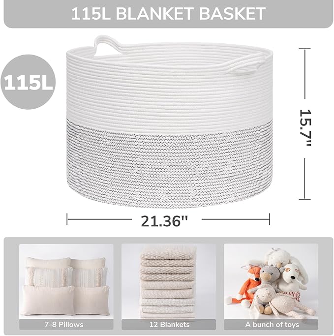INDRESSME 115L Extra Large Woven Rope Blanket Basket Living Room, White | Storage baskets for organizing toys, laundry & pillows. Fits living room, bedroom or nursery décor. Soft-touch with handles