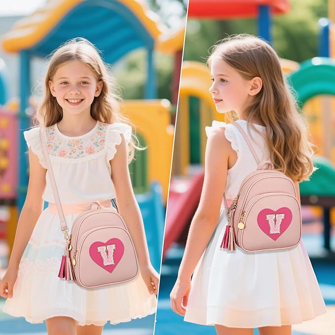 Valentines Day Gifts for Kids Gifts for Girls Little Girl Initial Mini Heart Backpack Purse Crossbody Bag with Tassel，Pink-V