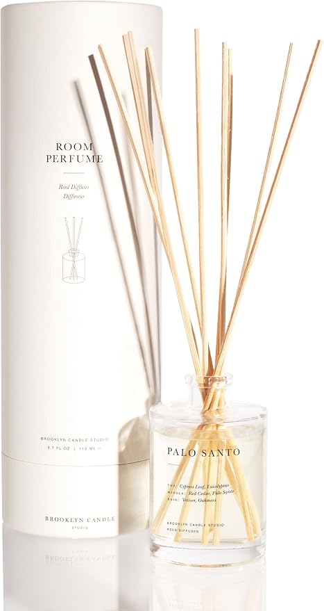 Brooklyn Candle Studio Reed Scent Diffuser - Palo Santo - Relaxing Oil Diffuser, Cedar, Eucalyptus & Sandalwood Fragrance, 8 Rattan Diffuser Reeds, Clean Ingredients - 3.7oz