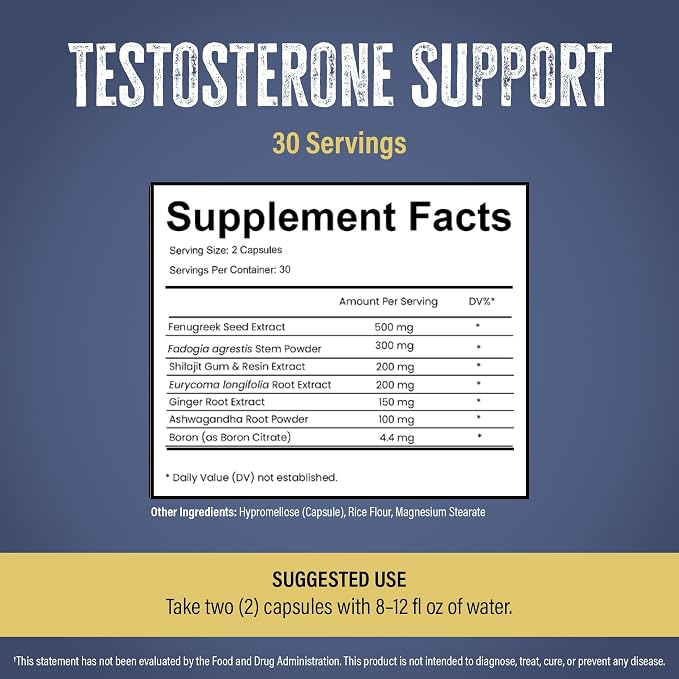 Vitality – Testosterone Support Formula | Fenugreek (500 mg), Fadogia Agrestis (300 mg), Shilajit, Tongkat Ali, Ginger, Ashwagandha | 60 Capsules, 30 Servings | Made in the USA