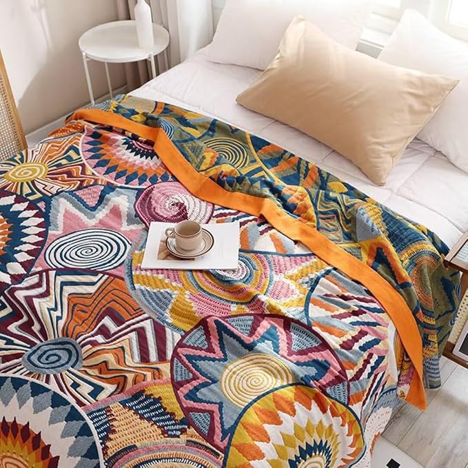 Boho Throw Blanket for Bed 100% Cotton Bohemian Blankets Ultra Soft Woven Muslin Decorative Blankets All Seasons Vintage Quilt Knitted Blanket for Sofa Chair (Colorful, 80"x90")