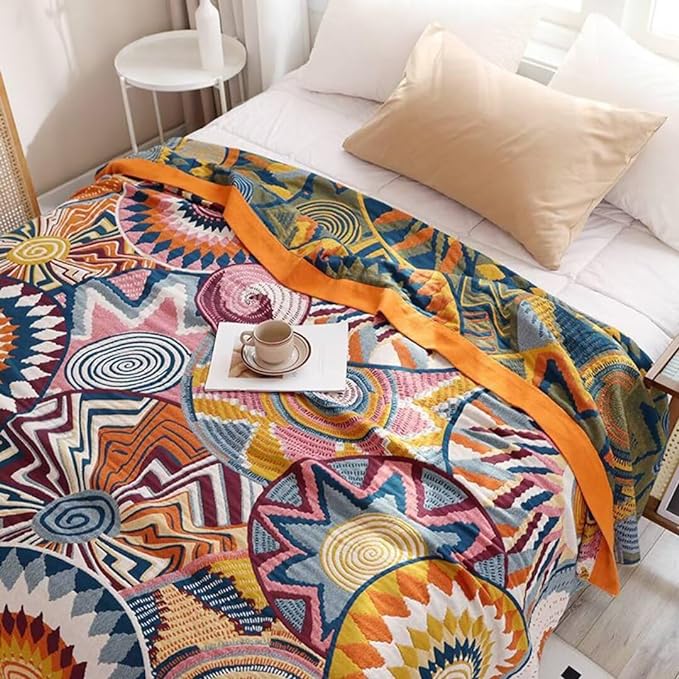Boho Throw Blanket for Bed 100% Cotton Bohemian Blankets Ultra Soft Woven Muslin Decorative Blankets All Seasons Vintage Quilt Knitted Blanket for Sofa Chair (Colorful, 60"x80")