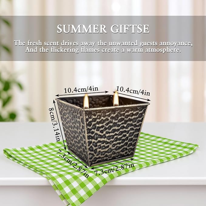 Citronella Candles 4 Pack - 2 Wicks Outdoor & Indoor Ambience Candles Vintage Hammered Metal Jar, Smokeless Clean Burning, Summer Gift for Patio, Garden, Camping & Picnic