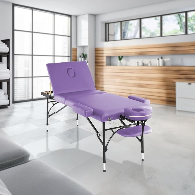 Saloniture Professional Portable Lightweight Tri-Fold Massage Table with Aluminum Legs - Includes Headrest, Face Cradle, Armrests and Carrying Case, Lavender
