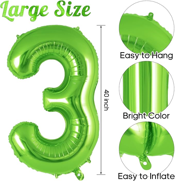 Dinosaur Green Number 3 Balloon, 40 Inch Big Large Foil Helium Green Number Balloon with 4 Pcs Mini Dinosuar, Dinosuar Mylar Balloons Set for 3 Year Old Birthday Party Decorations Supplies