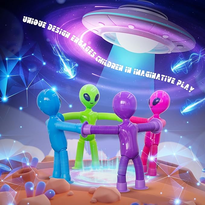 Pop Tubes Alien Fidget Toys for Kids, 4Pack Fidget Toys Telescopic Suction Cup Toy for Stress and Anxiety Relief, Stocking Stuffers Gift for Kids and Toddlers (4 Pack Alien)