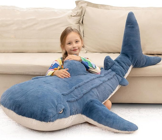 Tezituor 51inches Giant Whale Shark Stuffed Animal, 4.3ft Large Blue Stuffed Whale Shark Plush Body Pillow for Girls Boys, Realistic Plush Toy Christmas Birthday Ocean Theme Gift for Kids Adults