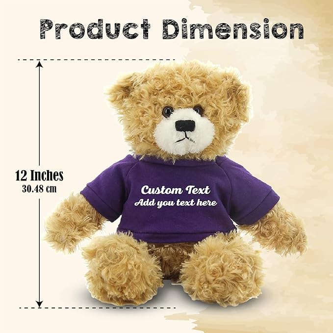Customized Beige Brandon Bear - 12 inch Personalized Stuffed Bear Plush Toy - Perfect Custom Shirt Bear Gift for Graduation Valentines Graduation Easter Holidays (Purple Shirt)