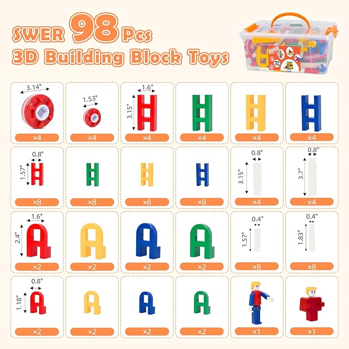 SWER 98Pcs 3D Building Block Toys, Creative Interlocking Connecting Kit, Multicolor STEM Interlocking Toy Set, Montessori Toys for Preschool Kids, Building Toys for Kids Ages 3+, Ideal