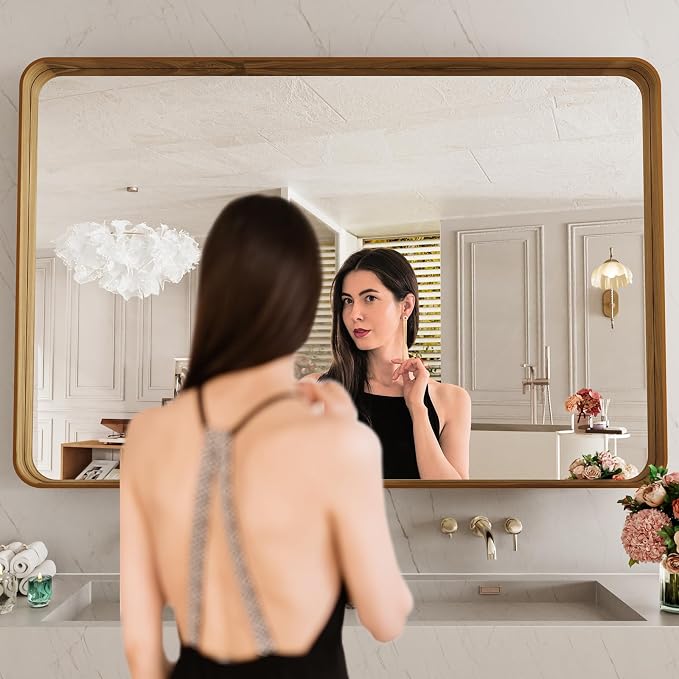 LOAAO 48X30 Inch Bathroom Mirror with Wood Grain Colored Metal Frame | Rounded Rectangle Metal Framed, Anti-Rust, Hangs Horizontally or Vertically, Tempered Glass