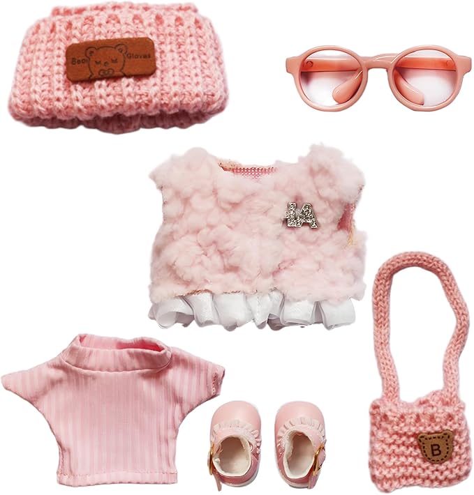 6 Piece 17cm Doll Clothes, Fun Dress-Up Outfit Set with Accessories for 17cm Dolls, Pink Style Outfit Set with Undershirt + Plush Vest + Knitted Hat + Small Bag + Shoes + Glasses, No Doll Included