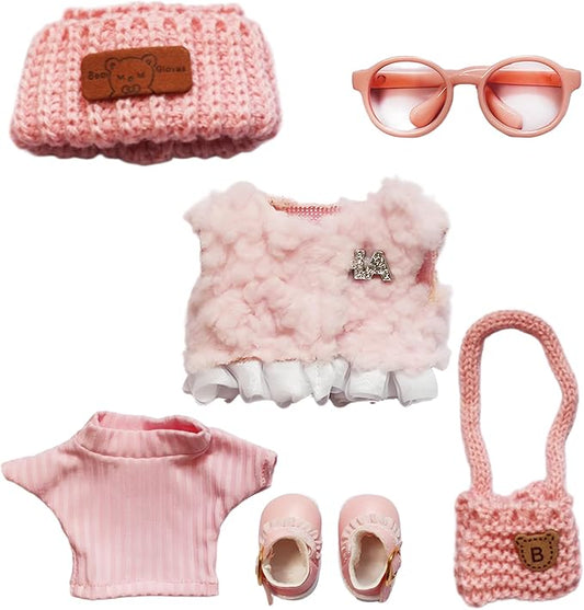 6 Piece 17cm Doll Clothes, Fun Dress-Up Outfit Set with Accessories for 17cm Dolls, Pink Style Outfit Set with Undershirt + Plush Vest + Knitted Hat + Small Bag + Shoes + Glasses, No Doll Included