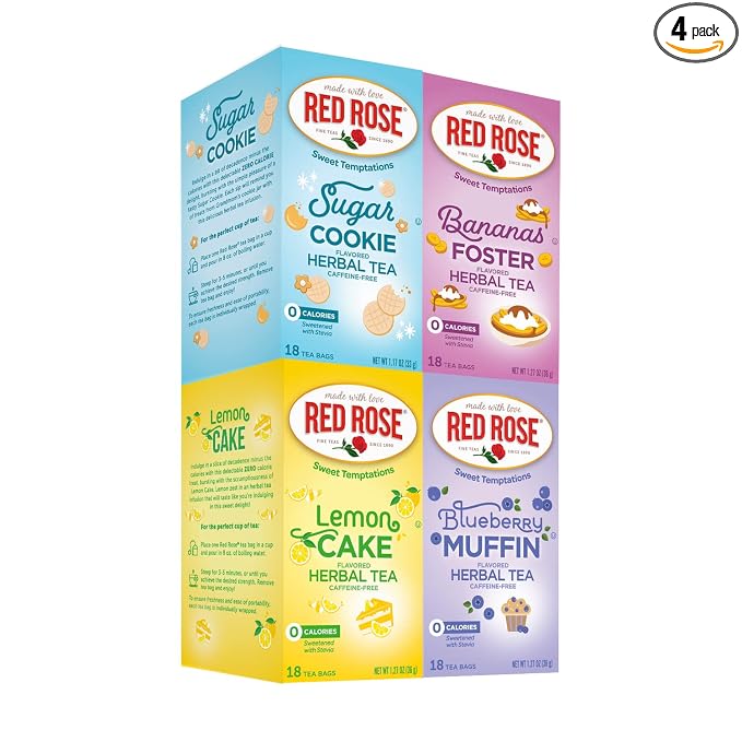 Red Rose Sweet Temptation New Flavors Variety Pack: Blueberry Muffin, Lemon Cake, Sugar Cookie and Bananas Foster (Pack of 4)