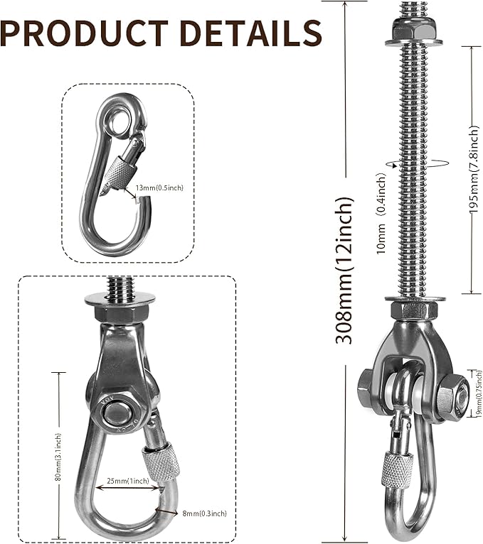 4 Heavy Duty Swing Hangers 180° Swing Seat Hardware Replacement Stainless Steel Swing Hooks 800LBS Capacity Playground Hammock Chair Porch Swing