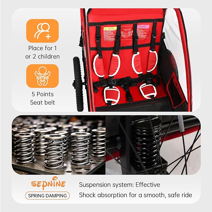 Sepnine 2-in-1 Kids Bike Trailer and Stroller with Suspension – Bike Trailer for 1 to 2 Children, Jogging Function, Foldable, 5-Point Harness, Spacious Storage, with Bug Screen and Weather Shield