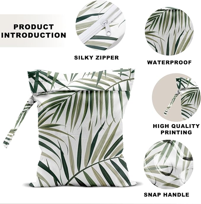 Wet Dry Bag 12x10 Inch, Wet Bag for Swimsuit, Travel, Beach, Pool, Diapers, Dirty Yoga Gym Clothes, Makeup Bags, Waterproof Tropical Palm Leaves Decor Jungle Palm Leaf Favors, Washable Reusable