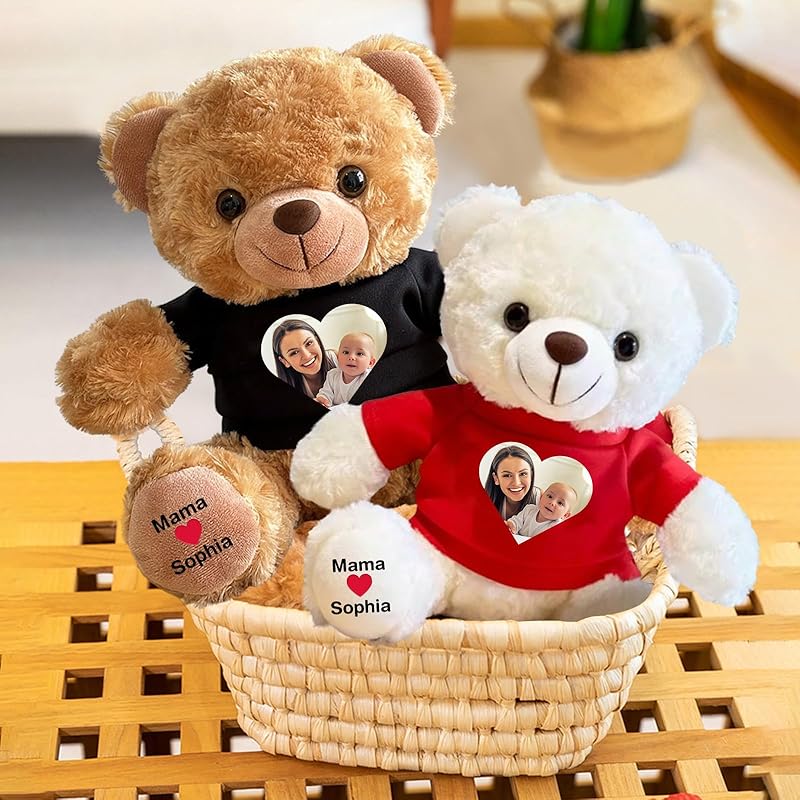Custom Bear Plush with Picture Text Logo, 11 Inch Personalized Teddy Bear Stuffed Animal, Christmas Birthday Gift for Girls Boys Kids Adults Valentines Graduation Keepsake (T-shirt