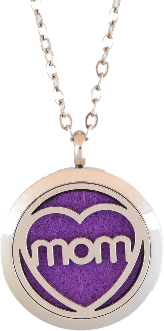Aromatherapy Essential Oil Diffuser Stainless Steel 30MM Silver Locket Pendant with Chain Necklace and Colored Refill Pads & Diffuser Bracelet All in a Velvet Bag (mom)
