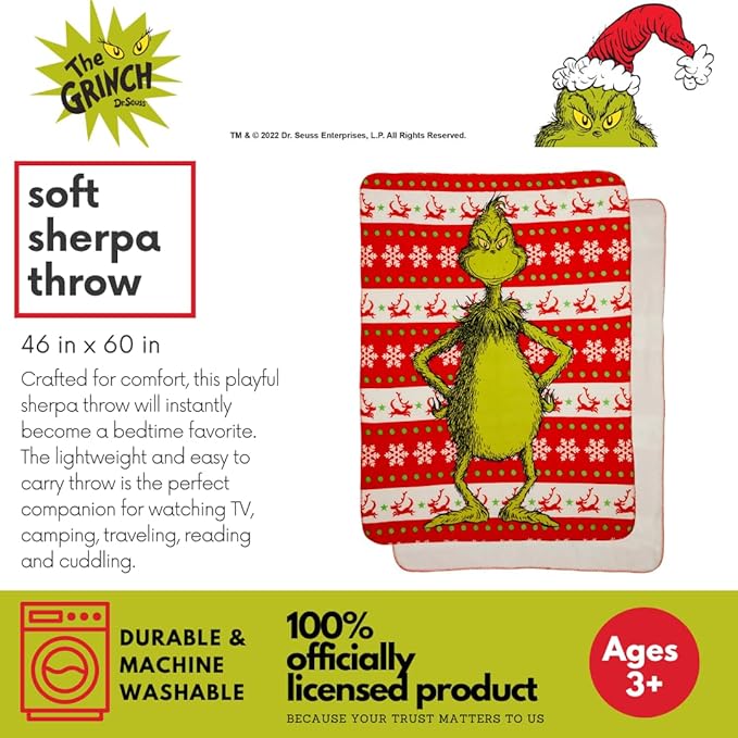 Dr. Seuss The Grinch Holiday Christmas Kids Bedding Soft Plush Cozy Sherpa Blanket Throw, 46 in x 60 in, (Officially Licensed Product) by Franco