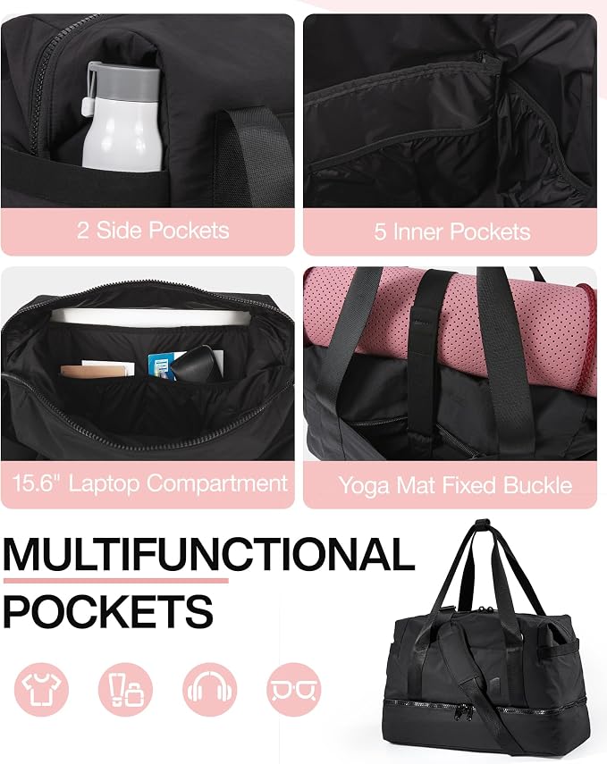 Weekender Bags for Women, BAGSMART Travel Duffel Bags with Shoe Compartment,Personal Item Travel Bag for Airlines, Carry on Overnight Tote Bag with Toiletry Bag(Black,2pcs)