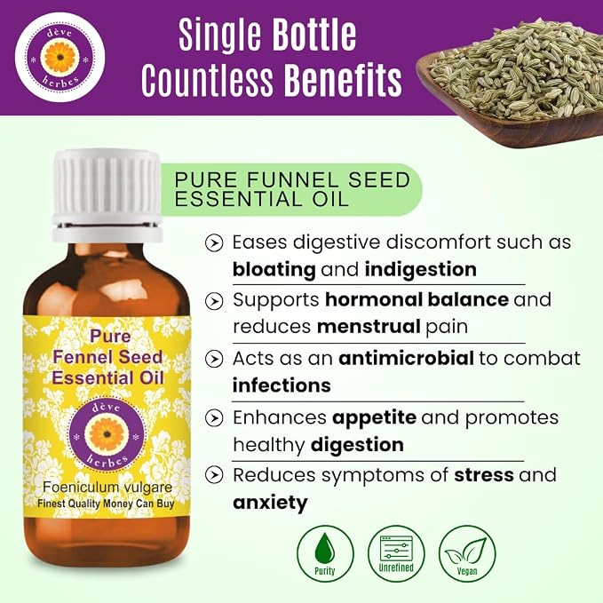 Deve Herbes Pure Fennel Seed Essential Oil (Foeniculum vulgare) Steam Distilled 100ml (3.38 oz)