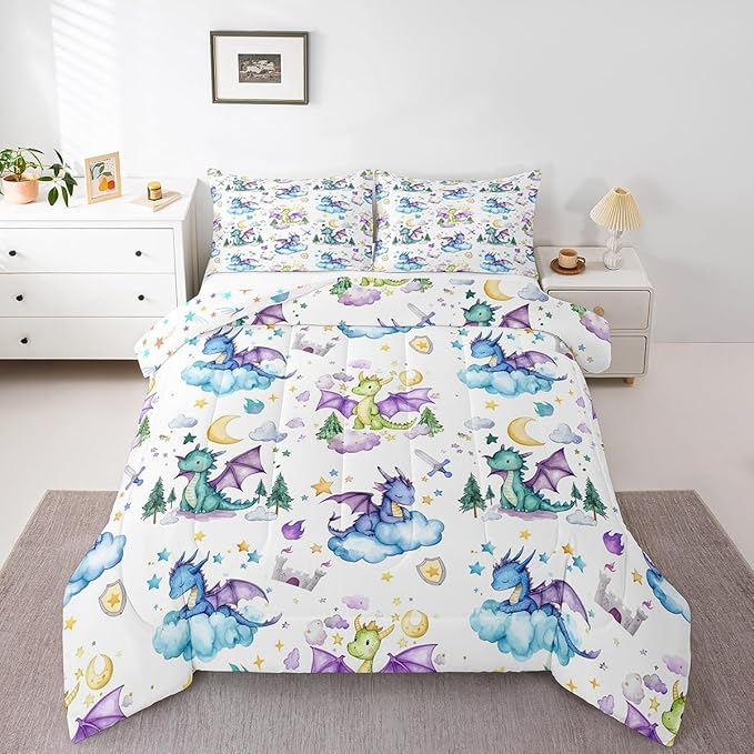 Feelyou Dragon Comforter Set Twin Size Cute Comforter for Boys Girls Teens Kawaii Bedding Set Dragon Stuff Duvet Set Room Decor White Quilt Set