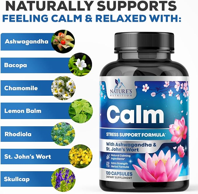 Stress Support Supplement - Extra Strength Ashwagandha, GABA, Magnesium, L-Theanine for Relief - Supports Mood & Focus - Naturally Calm, Unwind & Relax - Eases Tension & Nervousness - 120 Capsules