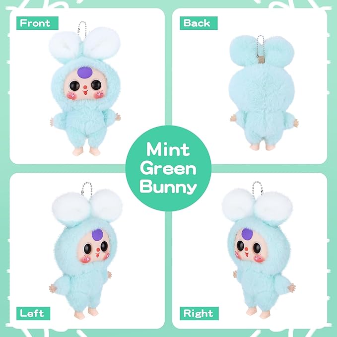 Vinyl Figures, Plush Toys with Rotatable Eyes Cute Expression for Girls Boys, Kawaii Macaron Green Bunny Vinyl Plush Doll Stuffed Animals Gifts for Collectibles Toys Car Home Décor Birthday Keychains