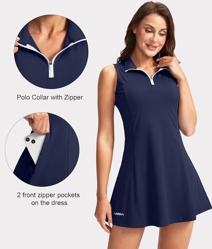 Viodia Women's Tennis Golf Dress with Shorts | Active, Exercise, Workout, Sports, Athletic, Dresses for Women, with Zipper Pockets