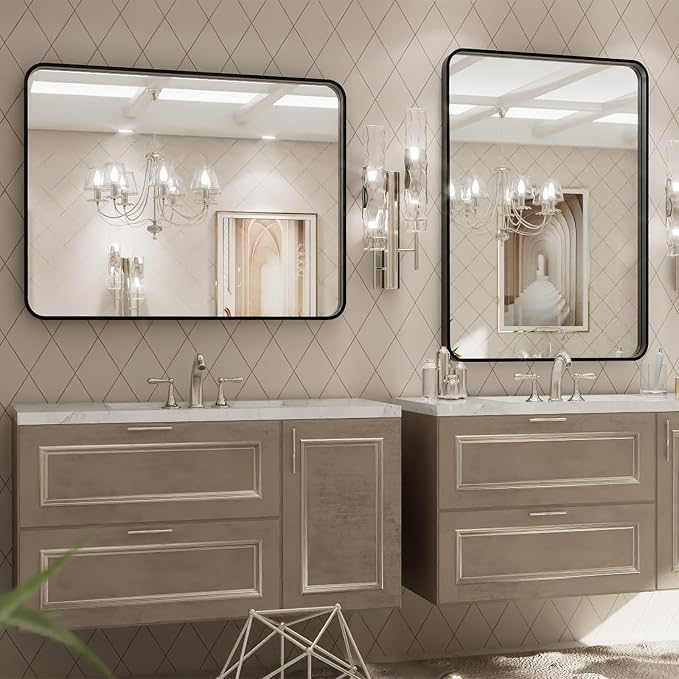 LOAAO 24X32 Inch Black Metal Framed Bathroom Mirror | Matte Black, Rounded Rectangle, Anti-Rust, Hangs Horizontally or Vertically