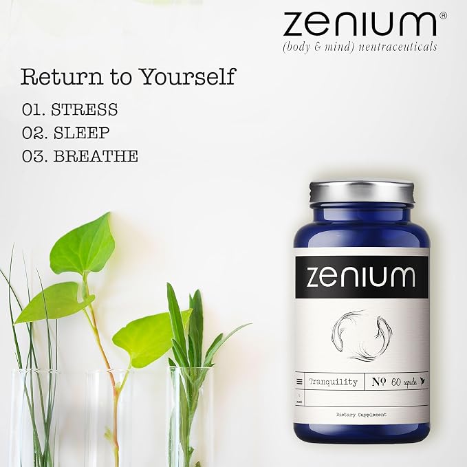 Zenium Stress Relief Supplement Supports Mood & Mental Focus - Feel Calm & Relaxed - Eases Tension & Nervousness - Ashwagandha, Magnesium & L-Theanine - Sarpagandha Inspired - 60 Capsules