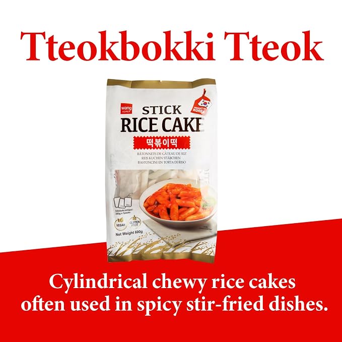 Wang Korean Tteok Rice Cakes, Chewy Tteokobokki Rice Cakes | Perfect for Stir-Fry, Soup & More, Gluten-Free, Vegan, Individually Packaged, 21.17 oz