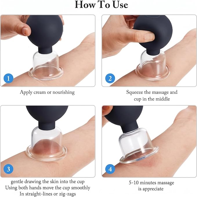 BBTO 4 Pcs Glass Facial Cupping Set Silicone Vacuum Suction Massage Cups Skin Tightening Therapy for Face Body Eyes Back Shoulder Pain (Classic)