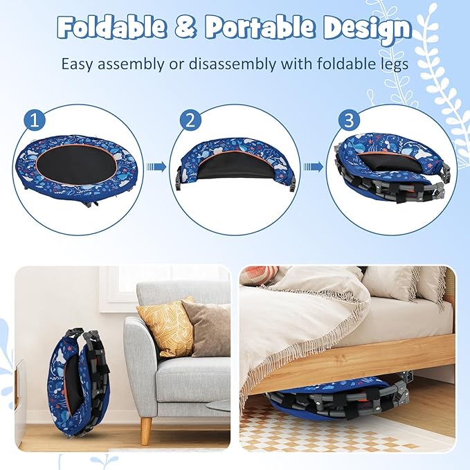 GYMAX 36” Toddler Trampoline with Lights, Folding Springless ASTM Approved Small Kids Rebounder with Foam Handle, Safety Padded Cover & Foldable Legs, Mini Indoor Baby Trampolines