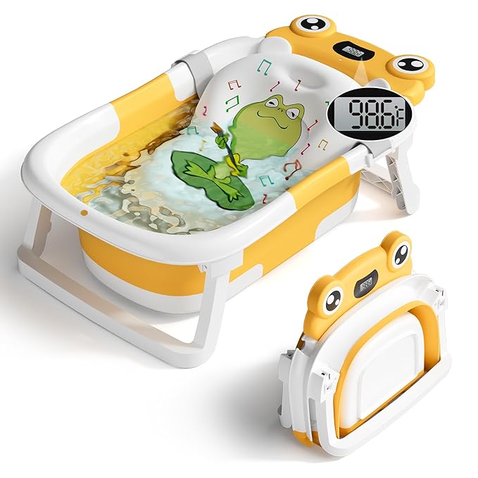 BUNWAG Baby Bathtub, Collapsible Newborn Bathtub for Infant to Toddler with Soft Cushion and Thermometer,Portable Travel Newborn Tub with No-Slip Feet, Baby Shower Gifts, 0-12 Months Baby Bath, Yellow