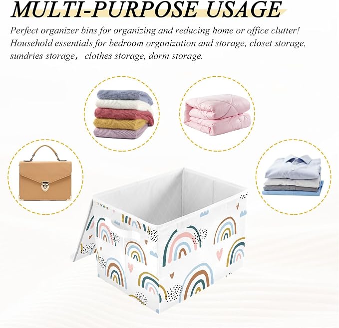 Cartoon Rainbow Storage Bins with Lids and Carrying Handle,Foldable Storage Boxes Organizer Containers Baskets Cube with Cover for Home Bedroom Closet Office