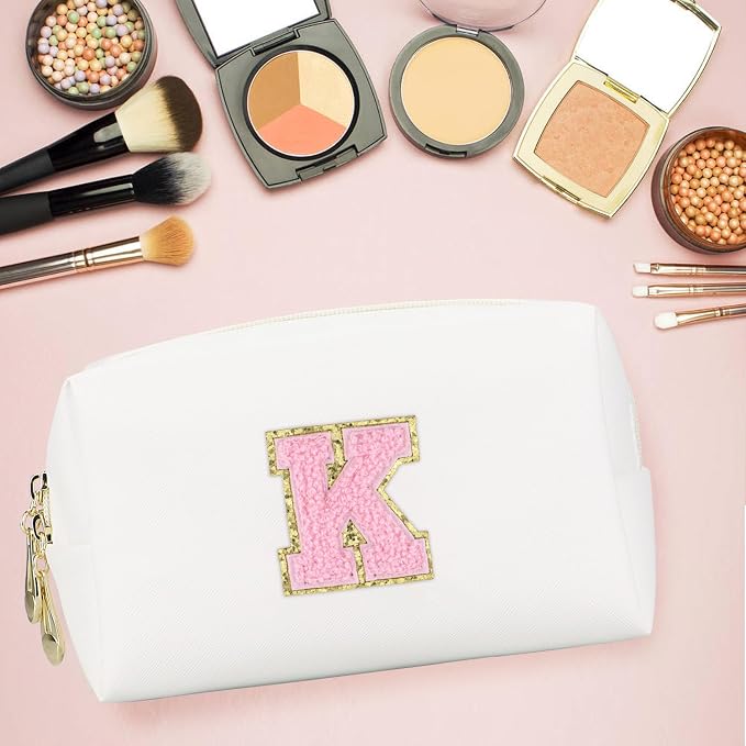 Initial Makeup Bag, Personalized Preppy Letter Monogram Cosmetic Bag | Waterproof PU Material, Compact Size, Large Capacity 7.09 x 2.95 x 3.94 in, Surprise Gift for Daughters and Teens