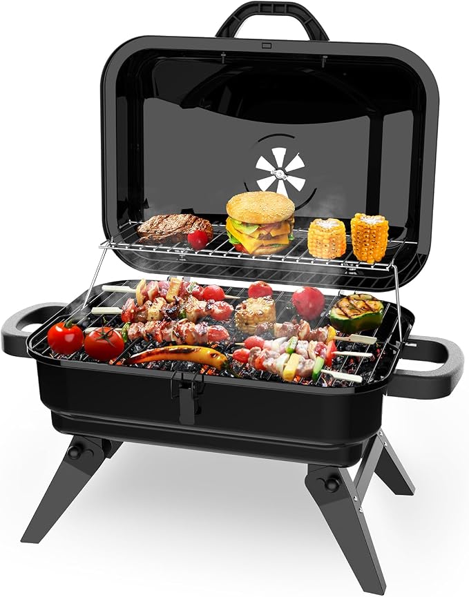 BBQCuker Portable Charcoal Grill with Warming Rack, Small Tabletop Barbecue Grill, Foldable Legs, Adjustable Vent, Total 343 Sq. In.Cooking Space, Outdoor BBQ Grill for Camping and Picnics (Black)