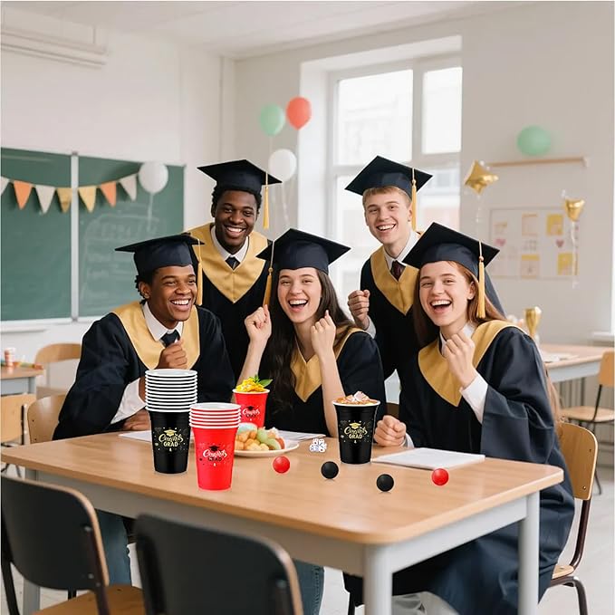 60PCS Pong Game Set, 16 Oz Disposable Plastic Party Cups for Cup Pong Games, College Parties & Graduation Celebrations - Red & Black