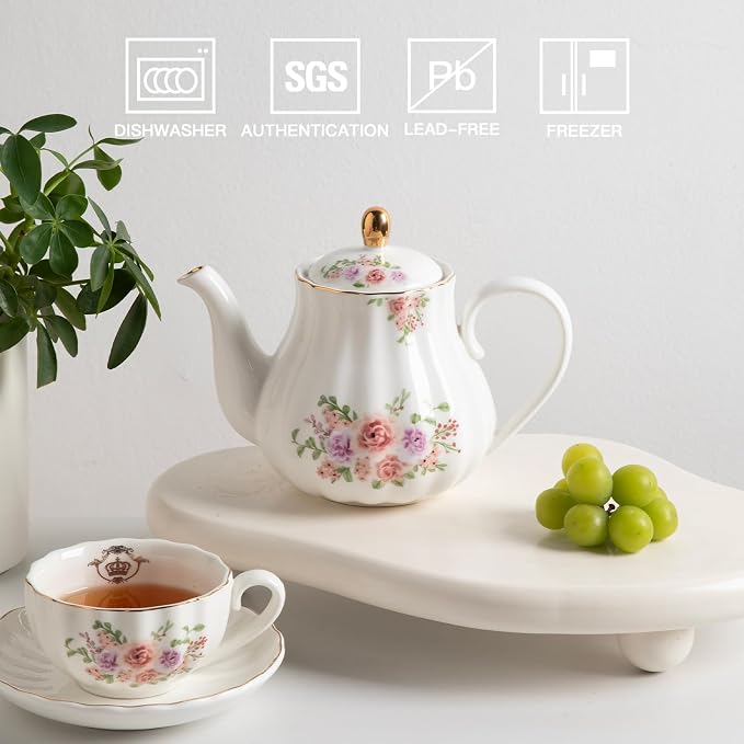 Sweejar Royal Teapot, Ceramic Tea Pot with Removable Stainless Steel Infuser, Blooming & Loose Leaf Teapot (Rose Flower, 40 Ounce)