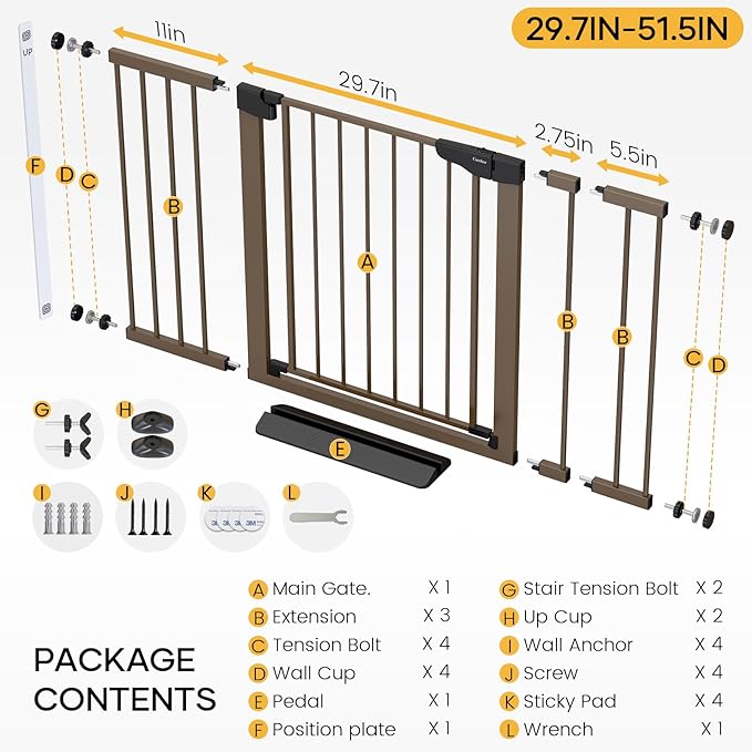 Cumbor Pack of 2 Extra Wide Baby Gate for Stairs, 29.7–51.5" Pressure Mounted Dog Gate for Doorways, Auto Close Safety Pet Gate, Easy Walk Thru Wide Child Gate, Brown, Mom's Choice Award Winner