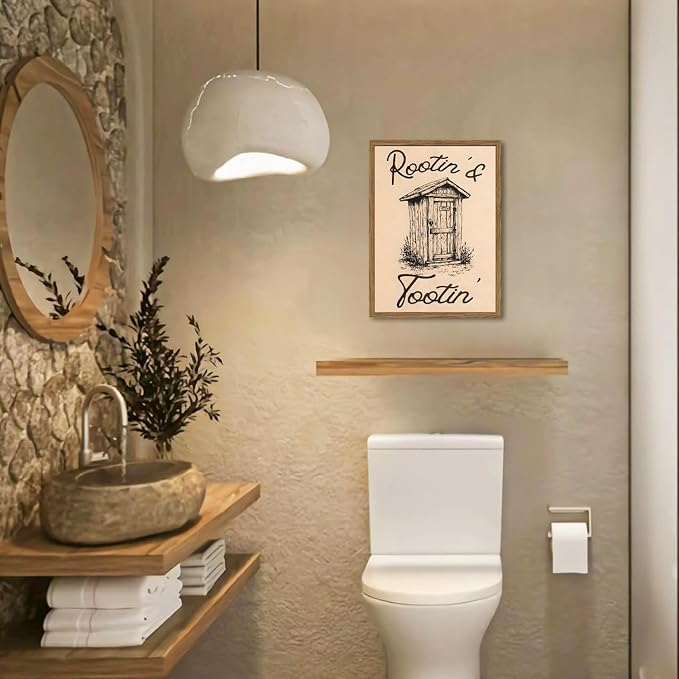 Cute Western Bathroom Wall Art Vintage Southwest Rustic Restroom Wall Decor Painting, Western Cowboy Ranch Toilet Rootin Tootin Poster Canvas Print Picture 12x16 inch Wood Framed