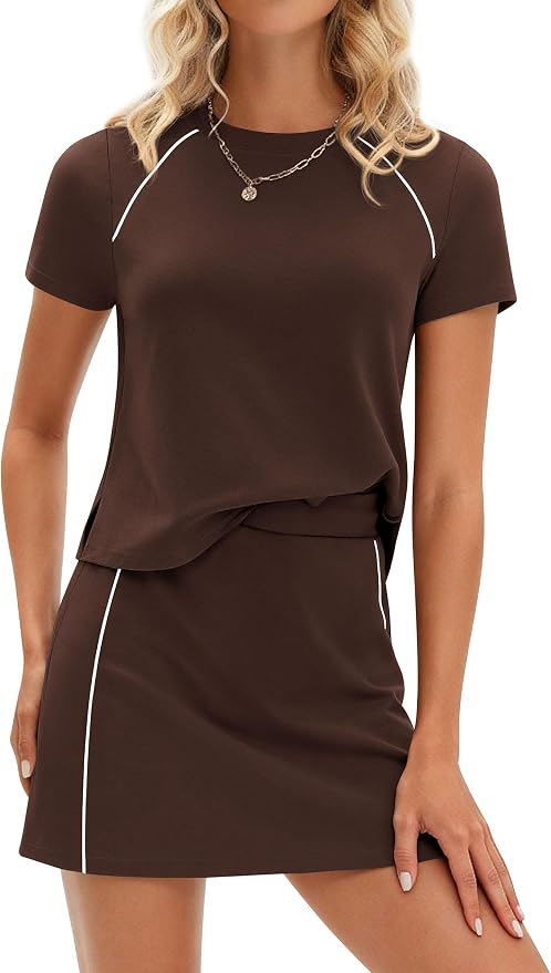 PRETTYGARDEN Women's 2 Piece Skirt Sets Matching Clothing | Short Sleeve Shirts,Color Block Tops,Mini Skirts with Shorts Pockets,Skort Set,Workout Active Wear,Tennis Golf,Summer Outfits
